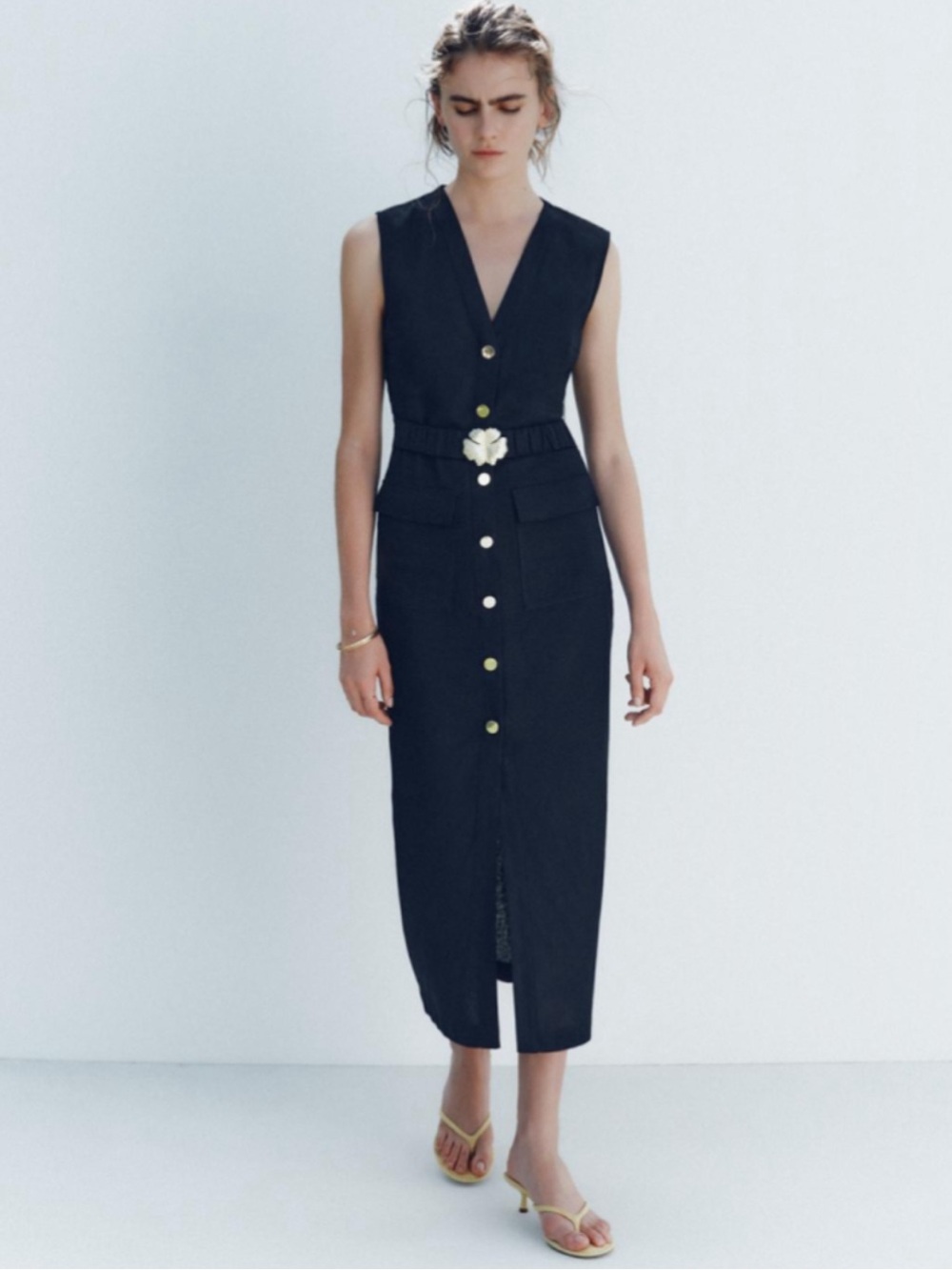 Linen Belted Midi Dress in Navy Blue